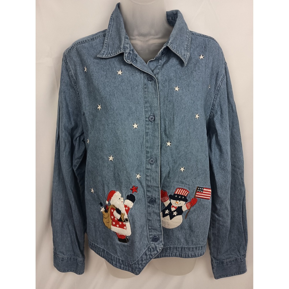 christmas holiday santa snowman festive light Denim button up top plus XL